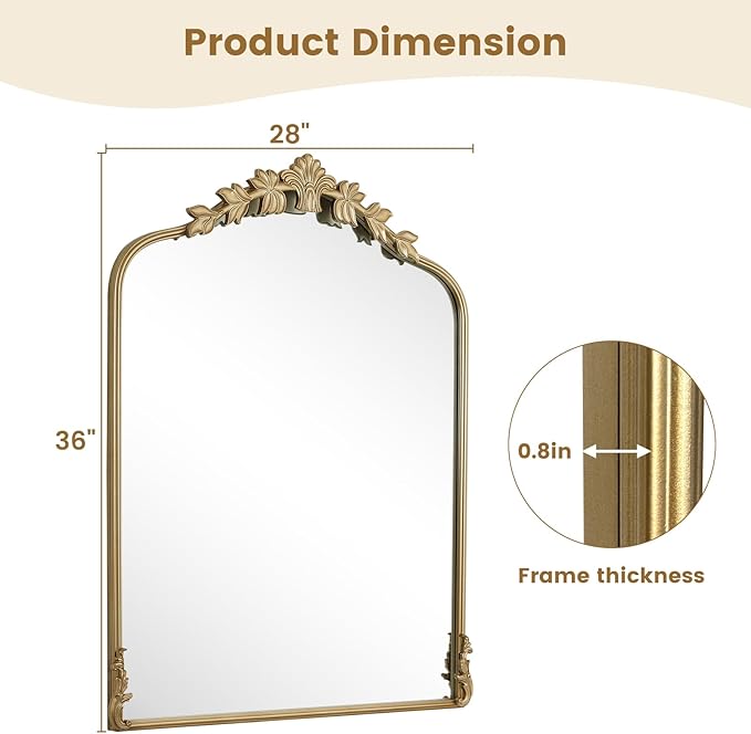 WallBeyond Gold Antique Mirror for Vanity 28x36 Inch, Gold Vintage Mirror with Ornate Frame, Arched Vintage Wall for Bathroom, Living Room, Fireplace