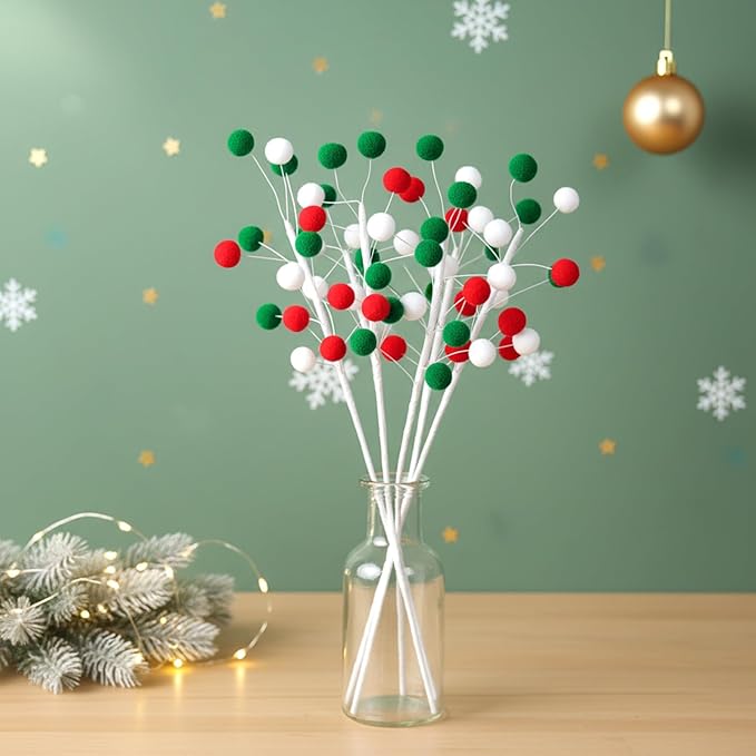 6 Pcs Pom Poms Christmas Decorations & Felt Christmas Picks and Sprays DIY Xmas Tree Toppers, Festive Tree Filler & Decor (Xmas Color)