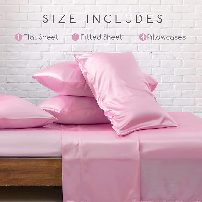 MR&HM Satin Bed Sheets, King Size Sheets Set, 6 Pcs Silky Bedding Set with 15 Inches Deep Pocket for Mattress (King, Pink)