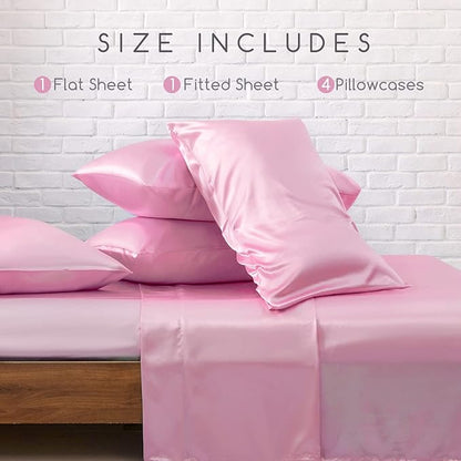 MR&HM Satin Bed Sheets, King Size Sheets Set, 6 Pcs Silky Bedding Set with 15 Inches Deep Pocket for Mattress (King, Pink)