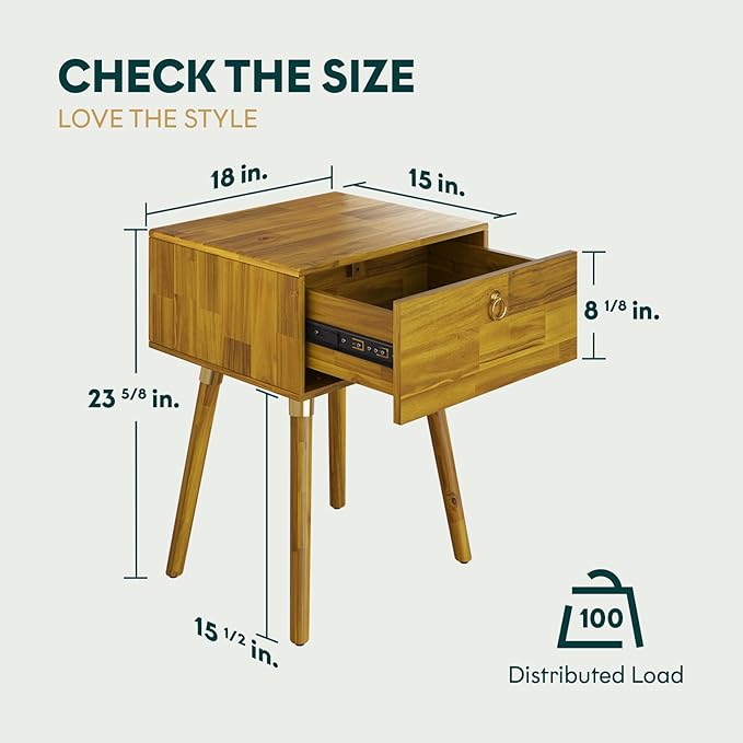 Bme Alden Wood Nightstand, Solid Wood End Table, Mid Century Modern Nightstand, Side Table with 1 Drawer, Compact for Bedroom, Living Room & Study Room, Easy Assembly, Honeyed Wood