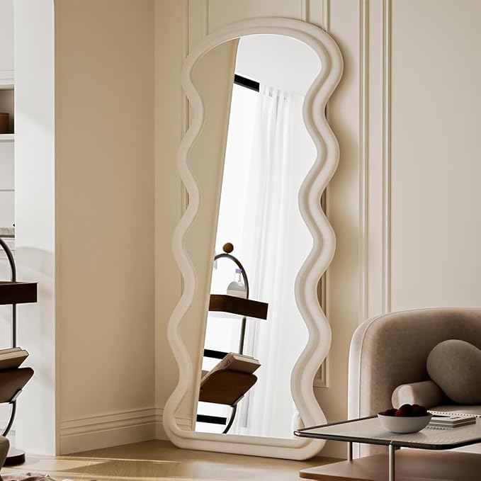 Koonmi 63"x24" Irregular Mirror Full Length, Large Full Body Freely Standing Mirror, Flannel Wave Floor Mirror with Stand for Bedroom, Living Room, Hanging or Against The Wall, White