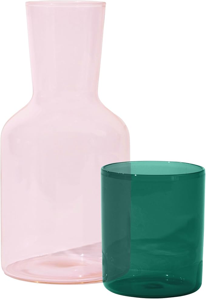Glass Carafe and Cup Set | BPA Free, Dishwasher Safe, Durable & Lightweight | Ideal for Cold & Hot Beverages - Blush Pink & Pine