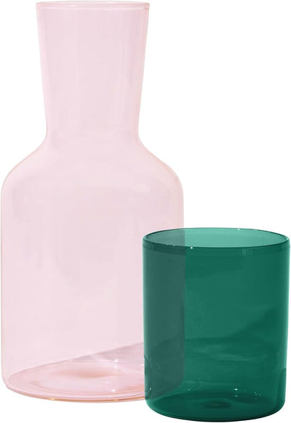 Glass Carafe and Cup Set | BPA Free, Dishwasher Safe, Durable & Lightweight | Ideal for Cold & Hot Beverages - Blush Pink & Pine