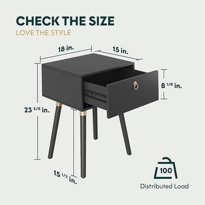 Bme Alden Wood Bedside Table Solid Wood End Table Mid Century Modern Nightstand, Side Table with 1 Drawer, Black
