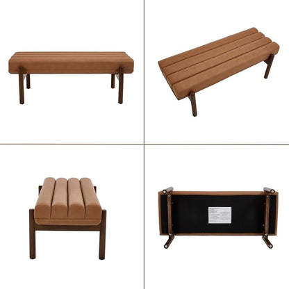47" Modern Upholstered End of Bed Bench, Brown PU Leather Channel Tufted Entryway Bench with Wood Legs, Comfy Bedroom Bench Long Ottoman for Living Room Hallway Vanity Room