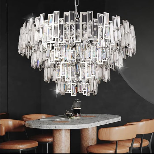 Chrome Crystal Chandelier Lighting 31.5'' Foyer Hall Entry Way Chandeliers Light Fixture for High Ceiling Sloped Pendant Hanging Modern Contemporary Style Round Large