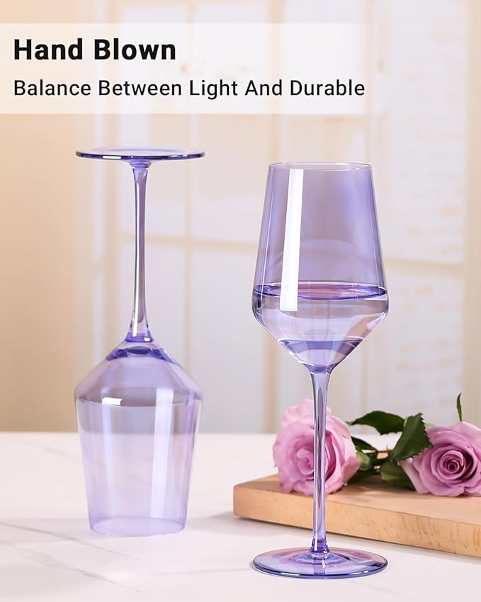 Physkoa Lavender Purple Wine Glasses Set of 6-15oz Hand Blown Crystal Colored Wine Glasses with Long Stem, Wedding, Birthday, Christmas Glassware Gifts for Lovers