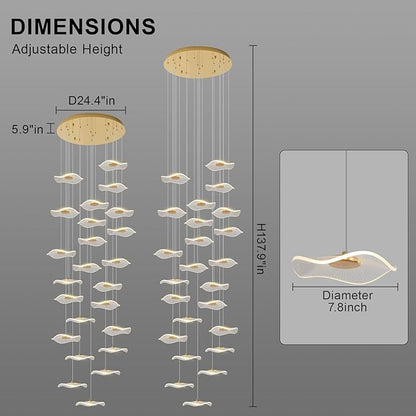 ziidoo High Ceiling Chandelier - 24-Light Dimmable Modern Gold Long Spiral Luxury Linear Lotus Leaf Led Lamp Hanging Pendant Lights for Foyer Enterway Staircase Villas