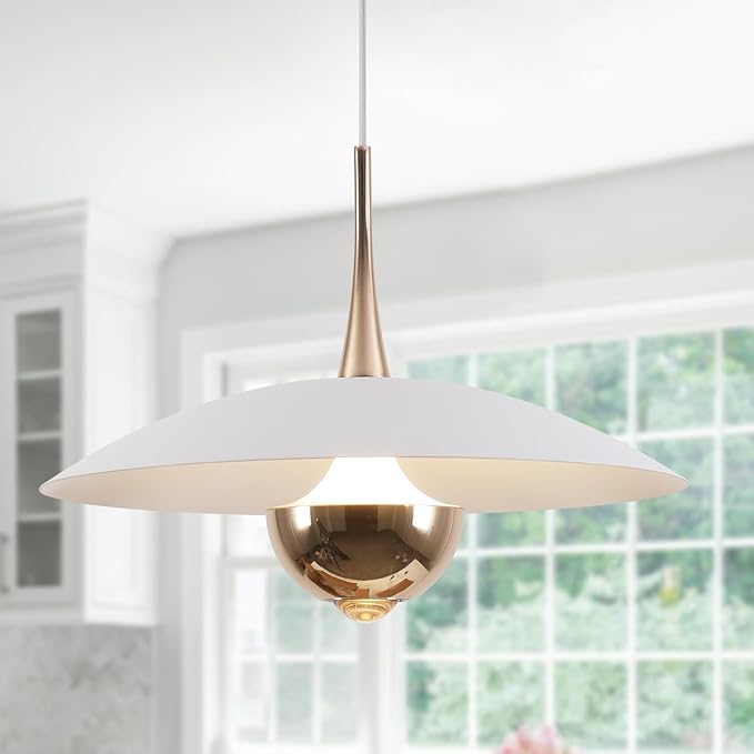 Farmhouse Large Pendant Light Mid Century Modern Ceiling Lights Fixture with White Dome Metal Lampshade Vintage Led Pendant Lighting for Kitchen Hallway Bedroom