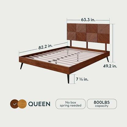Bme Rhombus Queen Bed Frame – Solid Acacia Wood with Geometric Rhombus Headboard, Walnut Finish, Scandinavian Modern Platform Bed with Sturdy Slats & Metal Legs, No Box Spring Needed