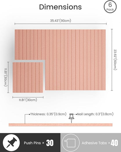 Bumusty Large Cork Board Alternative-36 x24 Felt Bulletin Board Tiles, with 30 Pushpins, 40 Adhesive Tabs, 6-Pack Slat Wall Paneling, Cork Boards for Office Push Pin Board Felt Board-Pink