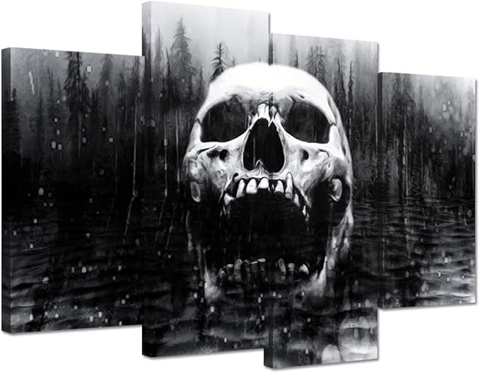 iHAPPYWALL Halloween Day of Dead Skull in Dark Foggy Lake Abstract Black and White Contemporary Picture Print 4 Panel Large Canavs for Modern Home Decoration Ready to Hang
