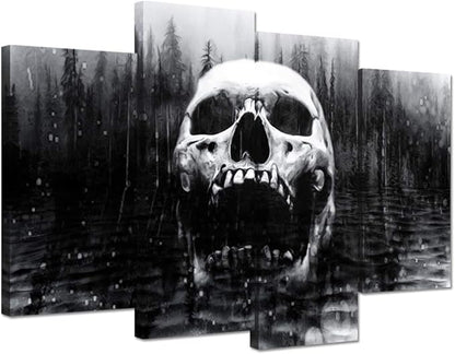 iHAPPYWALL Halloween Day of Dead Skull in Dark Foggy Lake Abstract Black and White Contemporary Picture Print 4 Panel Large Canavs for Modern Home Decoration Ready to Hang