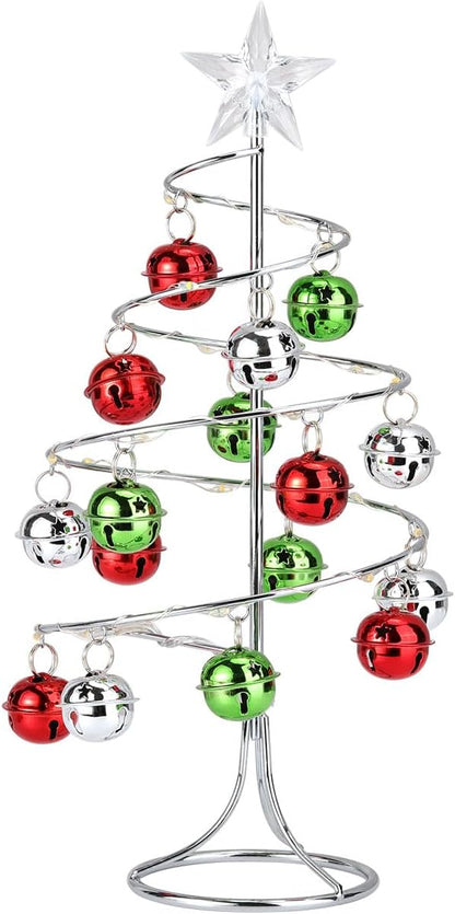 Lewondr Christmas Table Lamp, USB/Battery Powered Spiral Christmas Tree Desk Lamp with Star Topper, Decorative Christmas Tree Light with Red/Green Hanging Bells for Home Bedroom Xmas Party, Red/Green