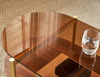 AGV LIGHTING Oval Rectangle Coffee Table with Amber Brown Glass Top, Mid-Century Modern Coffee Table, Walnut Wood Shelf and Gold Metal Legs, Capsule Shape 2 Tier Coffee Table for Living Room, 42 Inch