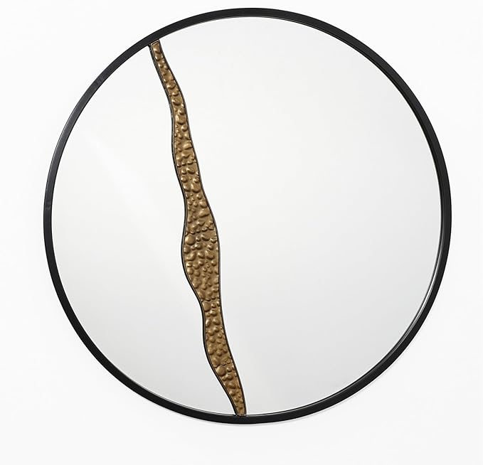 LuxenHome 30" Round Wall Mirror, Goldrush Black Metal Frame Wall Decor Large Circle Decorative Accent Mirror for Bathroom Bedroom Entryway Living Room Decoration
