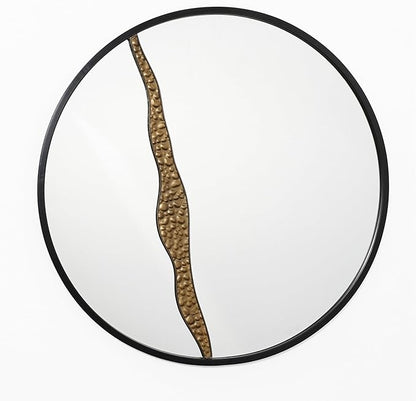 LuxenHome 30" Round Wall Mirror, Goldrush Black Metal Frame Wall Decor Large Circle Decorative Accent Mirror for Bathroom Bedroom Entryway Living Room Decoration