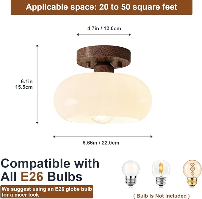 Mid-Century Modern Semi Flush Mount Ceiling Light, Faux Walnut Wood Kitchen Light Fixtures with Glass Shade, Mini White Close to Ceiling Lamp for Entryway Hallway Bathroom (8.66 Inch)