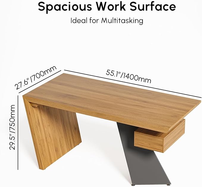 homary 55.1" Rustic Industrial Writing Desk, Home Office Desk with Drawer Natural Wooden Desk Home Office Computer Desk