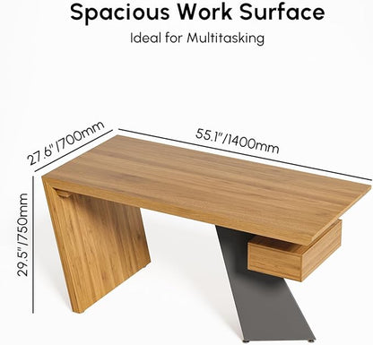 homary 55.1" Rustic Industrial Writing Desk, Home Office Desk with Drawer Natural Wooden Desk Home Office Computer Desk