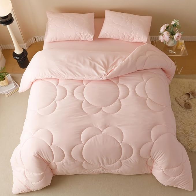 CLOTHKNOW Pink Full Size Comforter Sets 3Pcs Daisy Puff Bedding Comforter Sets Soft Blush Boho Comforter Pink Comforter with 2 x Pillowcases