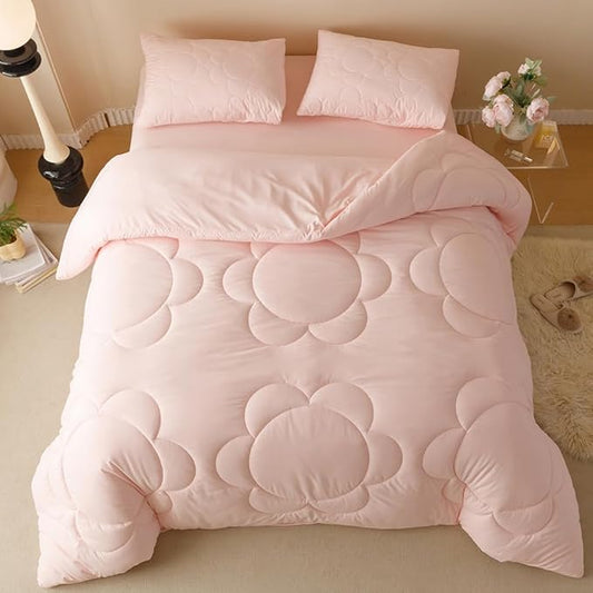 CLOTHKNOW Pink Full Size Comforter Sets 3Pcs Daisy Puff Bedding Comforter Sets Soft Blush Boho Comforter Pink Comforter with 2 x Pillowcases