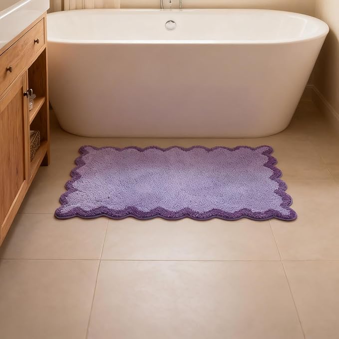 ORTIGIA Cute Purple Scalloped Bath Mat, Fun Plush Microfiber Scallop Bathroom Rugs Non Slip Washable Quick Dry Absorbent, Bath Rug for Shower Stall Vanities Kitchen Floor Entrance, 20x32