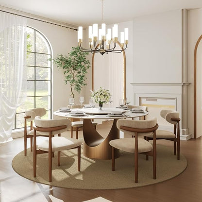 POVISON Round Dining Table with Lazy Susan, 59" Matte White Sintered Stone Top Dining Table with Bronze Carbon Steel Pedestal, Modern Dining Room Table for Kitchen, Living Room (Table Only)