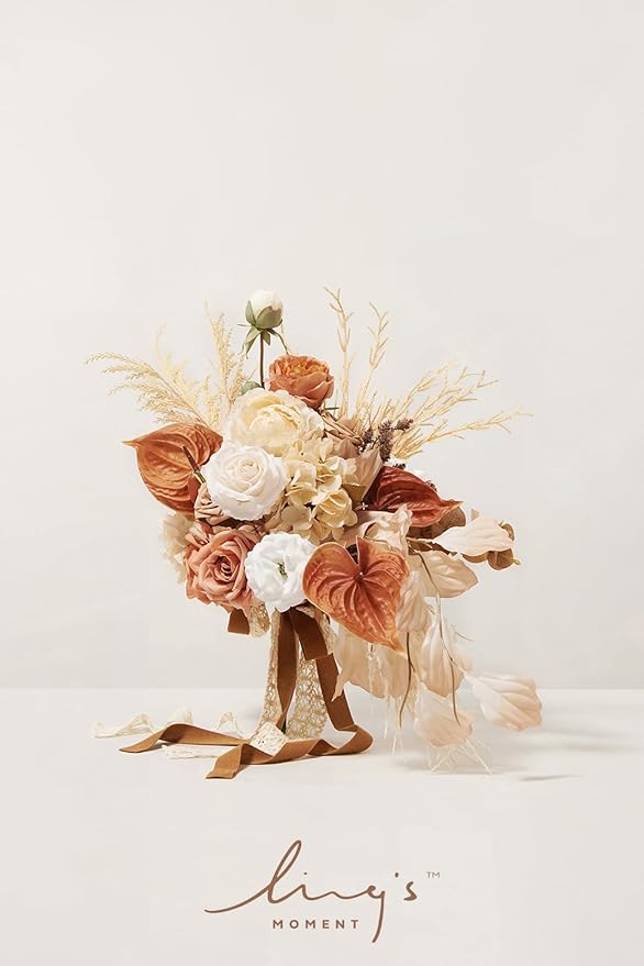 Ling's moment Boho Bridal Bouquet Cascading, Rustic Wedding Bouquets for Bride, 15 Inch Silk Fall Artificial Wedding Flower Bouquet