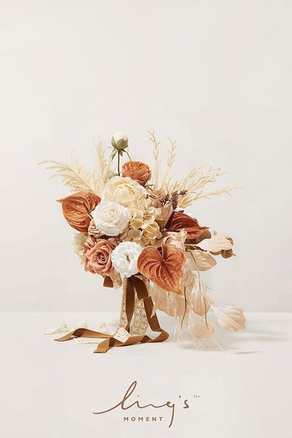 Ling's moment Boho Bridal Bouquet Cascading, Rustic Wedding Bouquets for Bride, 15 Inch Silk Fall Artificial Wedding Flower Bouquet