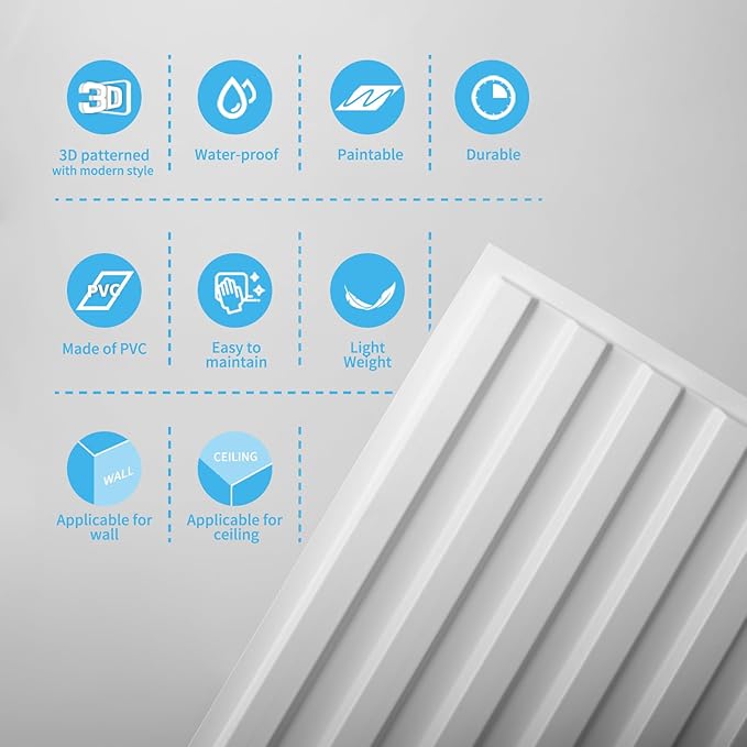 Art3d 12-Pack Slat Design 3D Wall Panels for Interior Wall Decor, 2x4 FT PVC Decorative Drop Ceiling Tiles - White