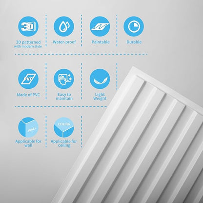 Art3d 12-Pack Slat Design 3D Wall Panels for Interior Wall Decor, 2x4 FT PVC Decorative Drop Ceiling Tiles - White