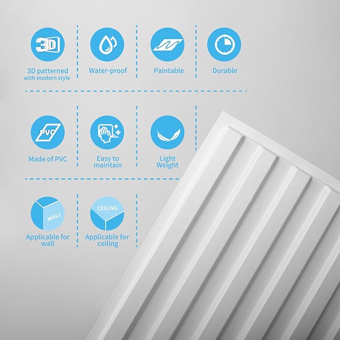 Art3d 6-Pack Slat Design 3D Wall Panels for Interior Wall Decor, 2x4 FT PVC Decorative Drop Ceiling Tiles - White