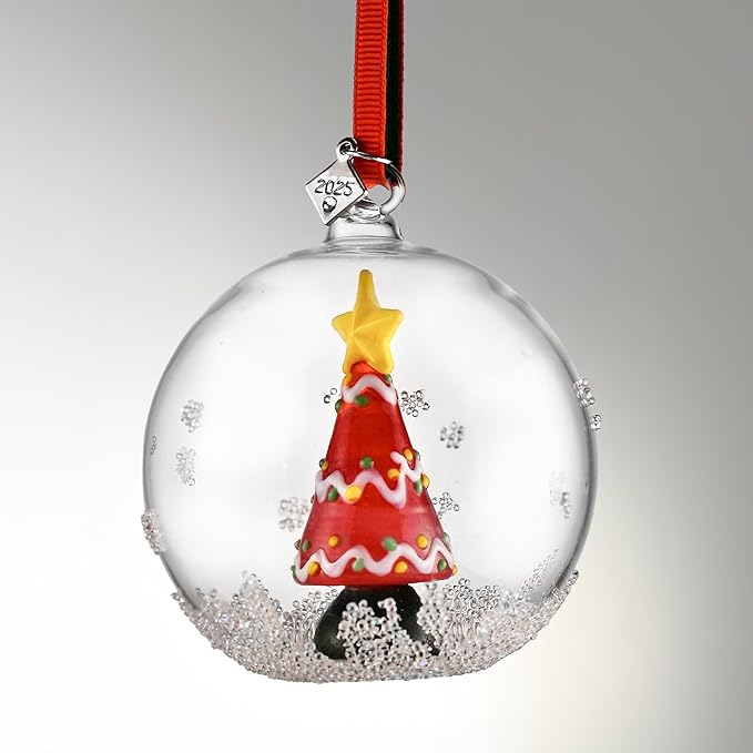 2025 Crystal Clear Glass Ball Christmas Ornament, Modern Tree Decoration with Red Ribbon (Christmas Tree)
