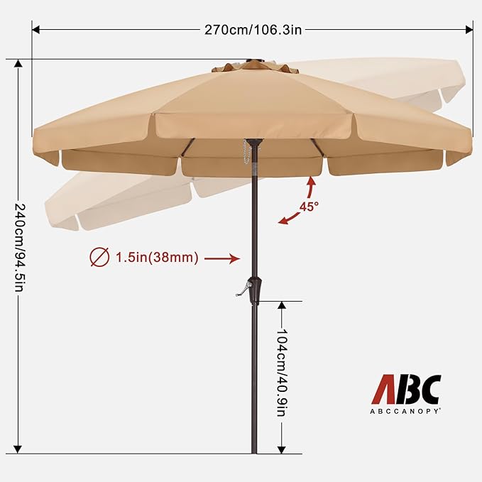 ABCCANOPY 9ft Scalloped Patio Umbrella, Outdoor Table Umbrella with Tilt and Crank, Fiberglass Ribs Deck Umbrella for Patio, Pool, Garden, Picnic (Tan)