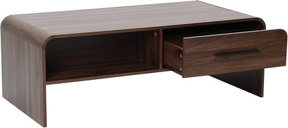 LuxenHome 47” Coffee Table with Storage, Mid-Century Modern Walnut Finish Wood Center Table with 2-Drawer and Open Shelf for Living Room, Accent Cocktail Tables with Safe Rounded Corners