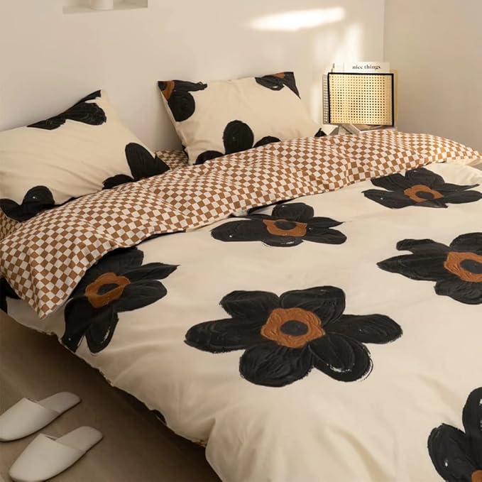 Pureant Black Sunflower Comforter Sets King Black and White Floral Bedding Comforters Cotton Women Girls Boho Black Botanical Quilts Large Flower Blankets Garden Adults Teens Bohemian Rustic Bedding