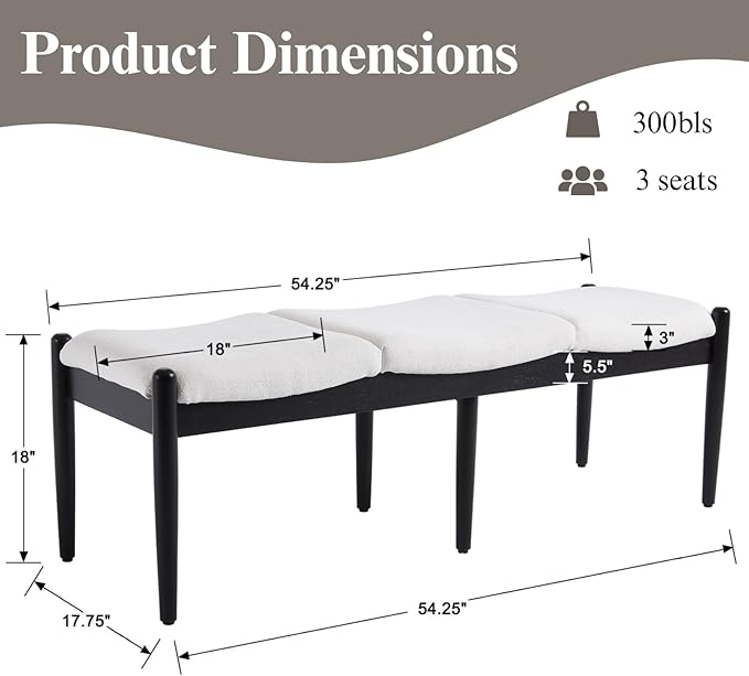 DUOMAY 55'' Modern Ottoman Bench, Chenille Upholstered Entryway Bench Bedroom Bench with Wood Legs, End of Bed Bench for Bedroom, Living Room, Corners, Kitchen, White