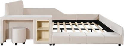 Merax Queen Upholstered Grounded Bed Mother & Child, Beige Velvet