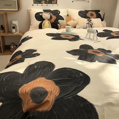 CLOTHKNOW Black Sunflower Twin/Twin XL Comforter Set Floral Bedding Comforter Sets Brown Plaid Comforter Boho Comforter with 2 x Pillow Cases
