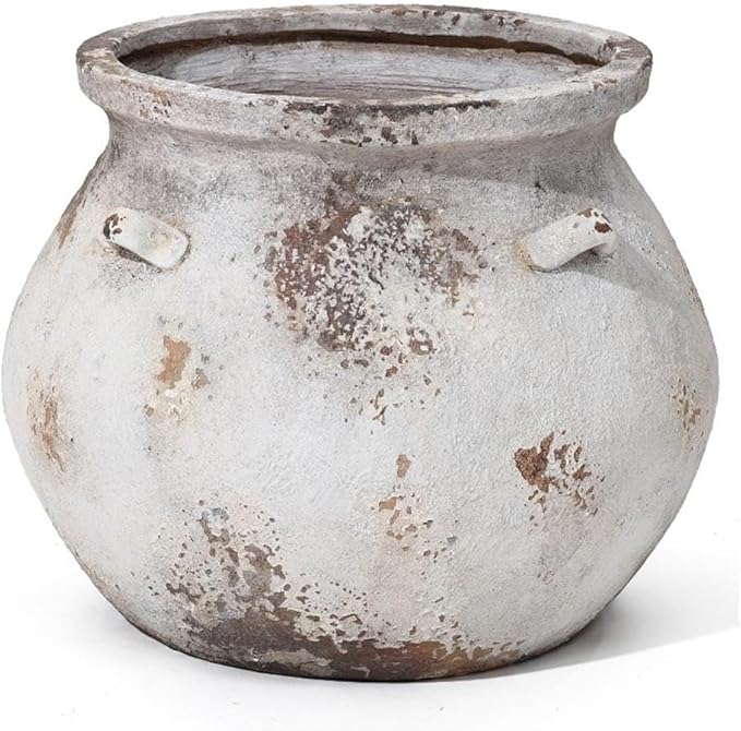 LuxenHome 14.96'' Dia Round Large Plant Pots, Off White Indoor Outdoor Planters with Drainage Holes, Rustic Distressed Flower Pot for Plants, Handmade Concrete Planter Pot for Home Patio Garden