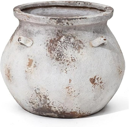 LuxenHome 14.96'' Dia Round Large Plant Pots, Off White Indoor Outdoor Planters with Drainage Holes, Rustic Distressed Flower Pot for Plants, Handmade Concrete Planter Pot for Home Patio Garden