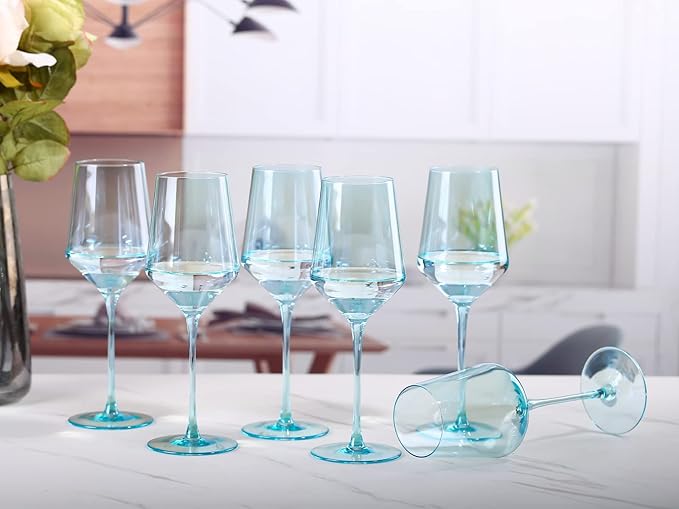 Physkoa Blue Wine Glasses Set 6 - Crystal Blue Wine Stemware with Long Stem and Thin Rim, Perfect for Wedding, Birthday, Anniversary - 15oz