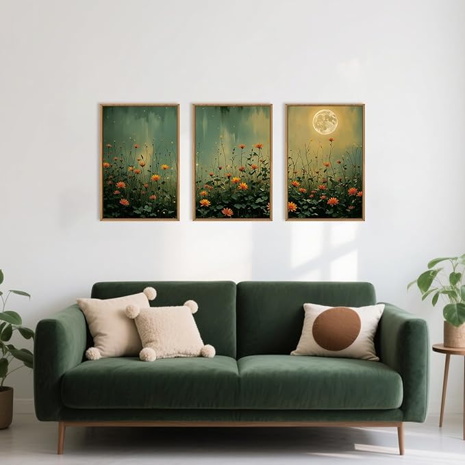 HOURIA Mystical Midnight Wildflower Framed Canvas Wall Art Set,Moonlit Orange Floral Wall Decor,Nature Inspired Landscape Artwork,Watercolor Art Prints for Living Room,Bedroom,Farmhouse-24 x36 x3