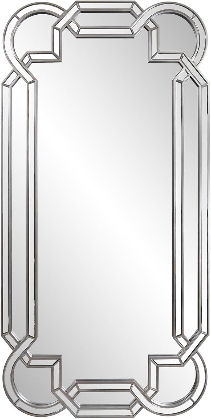 Howard Elliott Aleena Silver Oversized Full Length Mirror for Wall, Tall Rectangle Wall Hanging Mirrors with Arch Curves, Intersecting Lines & Beveled Glass for Bedroom & Living Room, 80 x 40 Inch