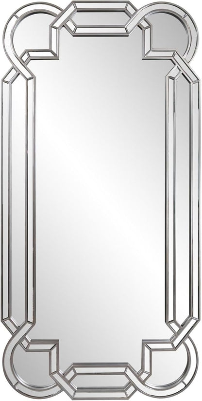 Howard Elliott Aleena Silver Oversized Full Length Mirror for Wall, Tall Rectangle Wall Hanging Mirrors with Arch Curves, Intersecting Lines & Beveled Glass for Bedroom & Living Room, 80 x 40 Inch