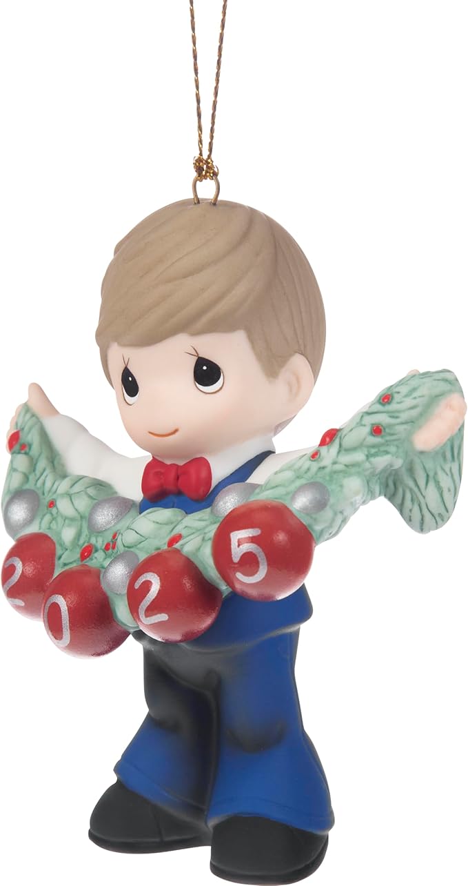 Precious Moments Deck The Halls 2025 Dated Boy Bisque Porcelain Ornament – “Deck The Halls” Holiday Keepsake – 251010