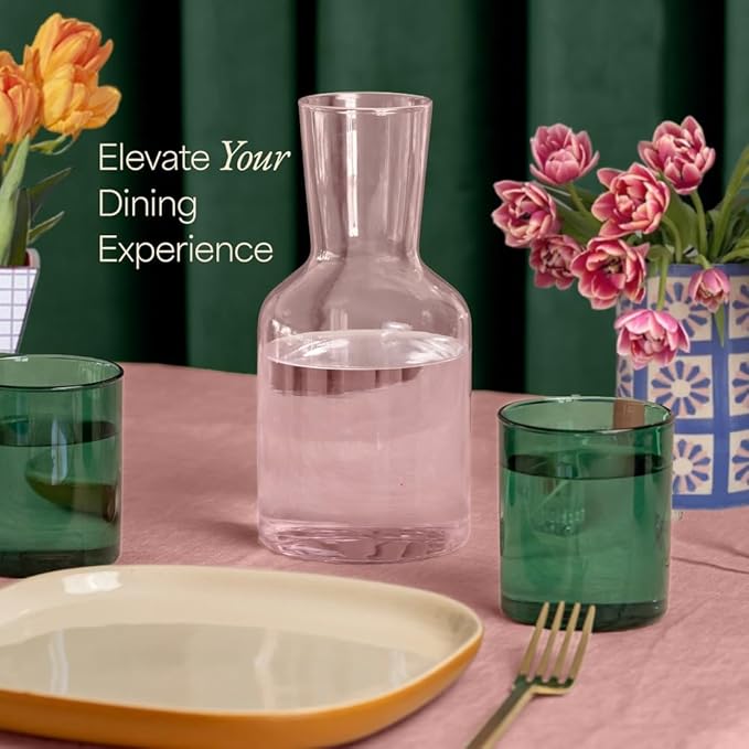 Glass Carafe and Cup Set | BPA Free, Dishwasher Safe, Durable & Lightweight | Ideal for Cold & Hot Beverages - Blush Pink & Pine