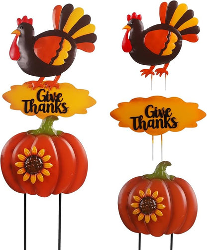 Turkey Thanksgiving Decorations Outdoor 38.5inch with Give Thanks Sign and Sunflowers, Metal Pumpkin Yard Stakes for Fall Garden, Lawn, and Harvest Decorations Outdoor